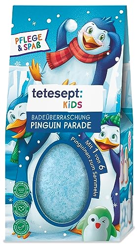 tetesept KIDS Badeüberraschung Pinguin Parade – Sprudelnde Badekugel mit frischem Duft und Pinguin-Sammelfigur – Sprudelnder Badespaß und blaues Wasser – 6 x 190 g