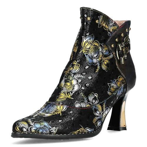 Laura Vita Damen Stiefelette Leder Struktur Muster Blumen Trend Absatz Oanelo 01, im Sale