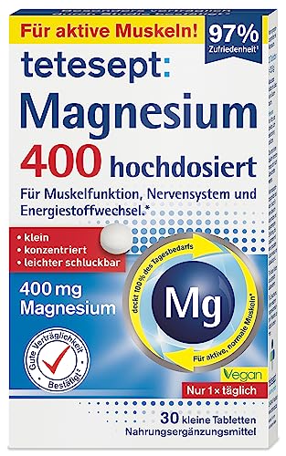 tetesept Magnesium 400 hochdosiert – Nahrungsergänzungsmittel mit Magnesium – leicht schluckbare Magnesium Tabletten für aktive, normale Muskeln*– 1 x 30 Tabletten im Sale