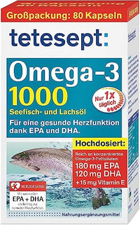 Thumbnail for tetesept Omega-3 1000 - Seefisch- und Lachsöl Kapseln - Hochdosierte Omega 3 Fettsäuren DHA,EPA & Vitamin E - Nahrungsergänzungsmittel zur Unterstützung des Herz-Kreislauf-Systems -80 Stück (1er Pack)