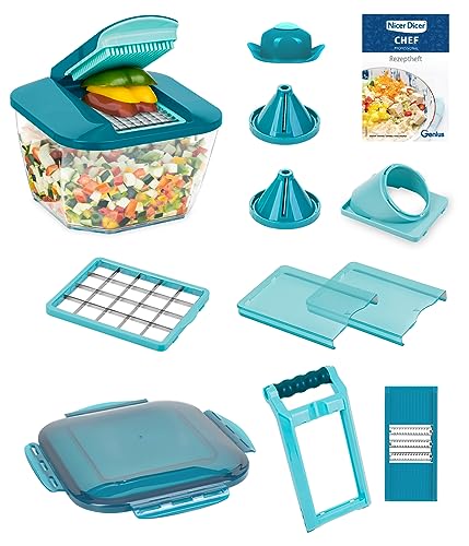 Nicer Dicer Chef Professional Gemüseschneider manuell 15-tlg, Gemüsehobel mit 5.2 L Behälter Deckel, Zerkleiner Küchenhelfer für Würfel Stifte Scheiben Streifen Juliettis, einfache Reinigung im Sale