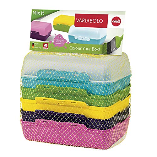Emsa Clipboxen 3er-Set Variabolo 509388 | 6 Halbschalen für 3 Dosen | Beliebig zusammensetzbar | Spülmaschinengeeignet | Besonders für Kinder geeignet, Bunt, 15 x 3,5 x 10 cm im Sale