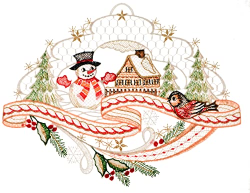 Plauener Spitze Fensterbild Winter Schneemann und Landschaft 20x29 cm im Sale