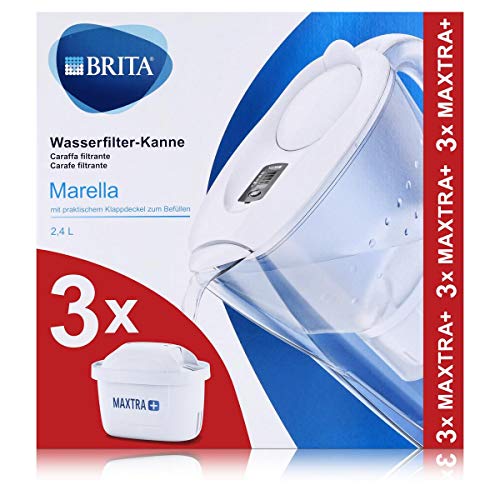 BRITA Marella white water filter including 3 MAXTRA+ filter cartridges – filter jug ​​(2.4 l) to reduce limescale, chlorine, lead &amp; copper in tap water – now on sale in sustainable packaging