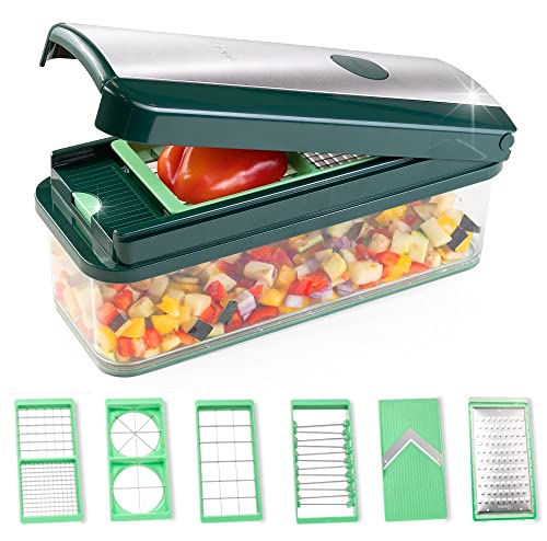 Genius Nicer Dicer Exclusive Gemüseschneider 15tlg Würfelschneider + Tomatenschneider Set 4 Einsätze + Reibe grob & Hobel + Auffangbehälter 2500ml, Grün im Sale