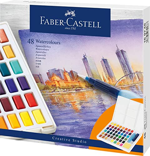 Faber-Castell 169748 - Aquarellfarben in Näpfchen, mit Mischpalette und Wassertankpinsel, 48er Etui im Sale