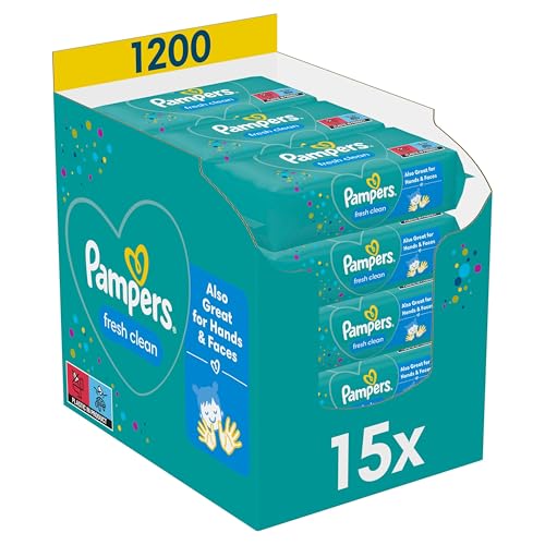 Pampers Fresh Clean Feuchttücher 15 Packungen mit 80 Stück - 1200 Feuchttücher, milder Duft, auch für Hände und Gesicht geeignet im Sale