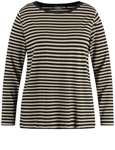 Samoon Damen Geringeltes Longsleeve mit Ziersteinen Langarm gestreift Beige - schwarz Ringel 54 im Sale