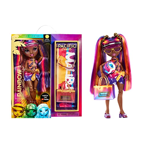 Rainbow High Pacific Coast - Phaedra Westward - Lila Modepuppe mit Outfit, austauschbaren Beinen und Puppenständer - Handtuch, Tasche und mehr - Geschenk und Sammelpuppe für Kinder ab 6 Jahren