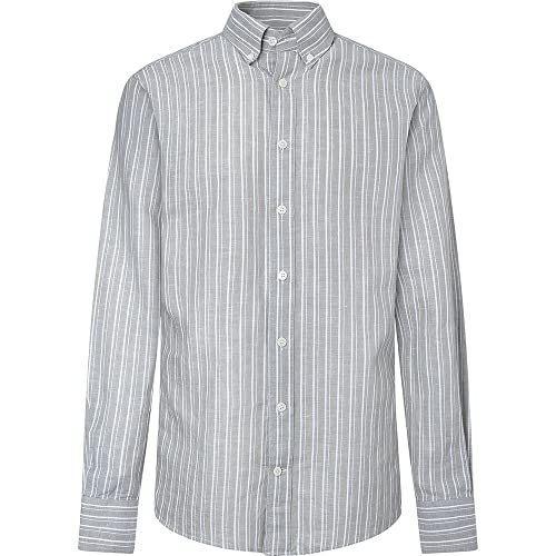 HACKETT LONDON Herren Washed Linen Stripe Hemd, Rust/White, im Sale