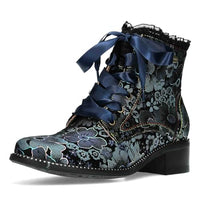 Thumbnail for Laura Vita Damen Stiefelette Leder Blumenmuster Satinband Schnürsenkel Emcmao 45, im Sale