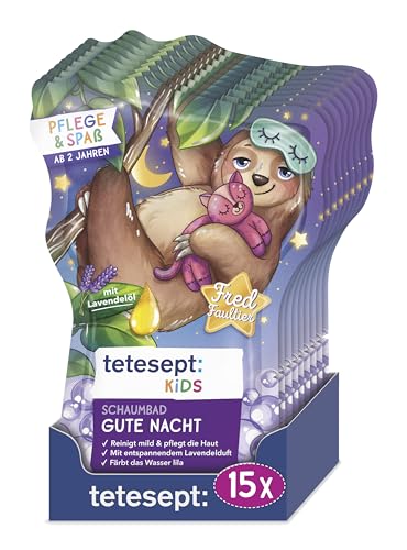 tetesept KIDS Schaumbad Gute Nacht – 15 x ml – Kinderbad mit beruhigendem Lavendelduft und pflegender Rezeptur – Fluffiger Badeschaum und lila Wasser im Sale