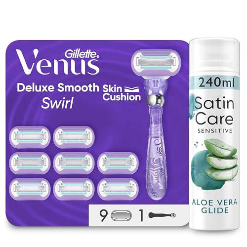 Gillette Satin Care Intimpflege Rasiergel Damen (200 ml), Avocado Twist und Venus Deluxe Smooth Swirl Rasierer Damen, Damenrasierer + 9 Rasierklingen mit 5-fach Klinge, Geschenk für Frauen