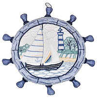 Thumbnail for Plauener Spitze Fensterbild Steuerrad Blau Silber + Saugnapf Stickerei Maritim Segelboot Spitzenbild Badezimmer im Sale