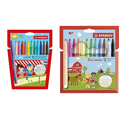 STABILO Filzstift power - 12er Pack - mit 12 verschiedenen Farben + Dicker Filzstift Trio Jumbo - 12er Pack - 12 Farben im Sale