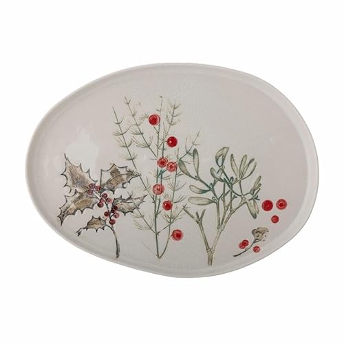 Bloomingville Hollie Servierplatte aus Steingut in der Farbe Grün mit Mispel und Ilex, Spülmaschinengeeignet, L35,5xH2xW26 cm, 82056201 im Sale