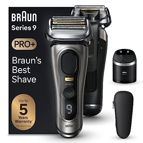 Braun Series 9 Pro+ Elektrorasierer mit 5 Pro Rasierelementen, Rasierer Herren Elektrisch, Langhaarschneider, Reinigungsstation, Ladeetui PowerCase, Made in Germany, 9575cc, grau im Sale