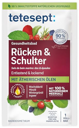 tetesept Meeressalz Rücken & Schulter – Gesundheitsbad für Entspannung & Lockerung mit 6 ätherischen Ölen – Wohltuender Badezusatz mit natürlichem Meeressalz – 10 x 80 g