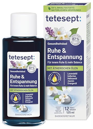 tetesept Ruhe & Entspannung Bad – Gesundheitsbad mit 5 ätherischen Ölen für innere Ruhe und mehr Balance – kosmetischer Badezusatz mit Hautpflege Formel – 1 x 125 ml im Sale