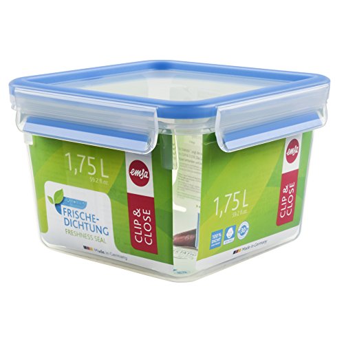 Emsa 508537 Clip & Close | Quadratische Frischhaltedose | mit Deckel | 1.75 Liter | Transparent/Blau im Sale