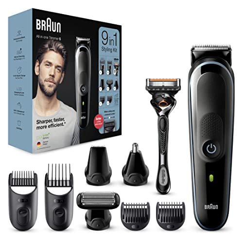 Braun Multi-Grooming Kit 5, 9-in-1 Beard Trimmer and Hair Clipper/Hair Clipper for Men's Hair Removal, for Facial, Head, and Body Hair, 7 Attachments, Gift for Men, MGK5380, Black/Blue on Sale