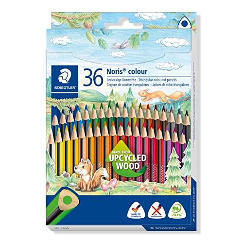 STAEDTLER Buntstifte Noris colour, ergonomisches Dreikantformat, rutschfeste Soft-Oberfläche, hohe Bruchfestigkeit, Made form Upcycled Wood, 12 Farbstifte im Kartonetui, 187 C12 im Sale