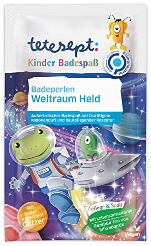 tetesept Kinder Badespaß Badeperlen Weltraum Held Bad – Bunter Kinder Badezusatz für außerirdischen Spaß in der Badewanne - Kinderbad mit Glitzer, Melonenduft und hautpflegender Rezeptur – 8 x 60 g