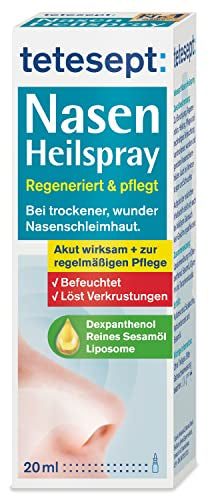 tetesept Nasen Heilspray – Nasenspray zur Regeneration und Pflege bei trockener, wunder Nasenschleimhaut – Nasenpflege mit Liposomen, Sesamöl & Dexpanthenol – 1 x 20 ml