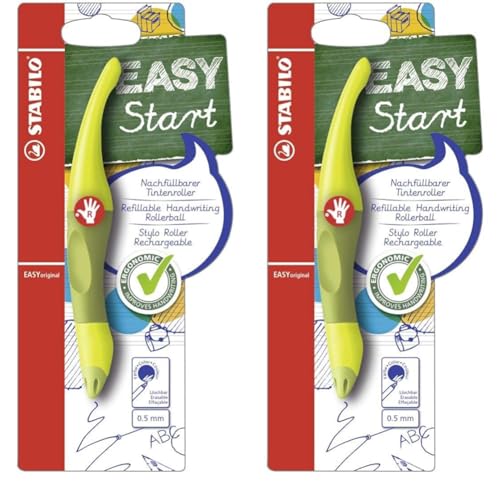 STABILO Ergonomischer Tintenroller für Rechtshänder EASYoriginal in limone/grün - Einzelstift - Schreibfarbe blau (löschbar) - inklusive Patrone (Packung mit 2)