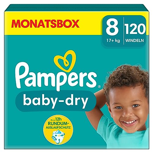 Pampers Windeln Größe 8 (17kg+) Baby-Dry, Extra Large, MONATSBOX, bis zu 12 Stunden Rundum-Auslaufschutz, (1er Pack) 120 Stück