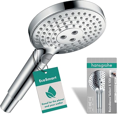 hansgrohe Raindance Select - wassersparender Duschkopf 9 l/min (EcoSmart), Handbrause mit 3 Strahlarten, runde Duschbrause (120 mm), Sparduschkopf mit Antikalk-Funktion, Chrom, 26531000 im Sale