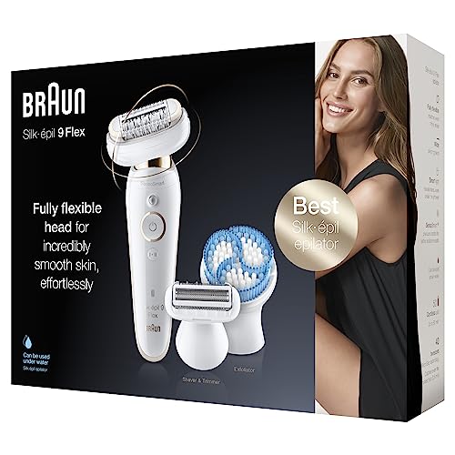 Braun Silk-épil 9 Flex Epilator for Women / Hair Remover, including shaving head and deep exfoliating brush, with flexible head for easier hair removal, gift for women, 9010, white/gold on sale