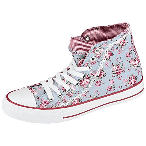 Krüger Damen Trachten Sneaker, hoch, Modell: Tender Feelings, über Knöchel, blau, rot, Art.-Nr. 4154-809, 35 im Sale