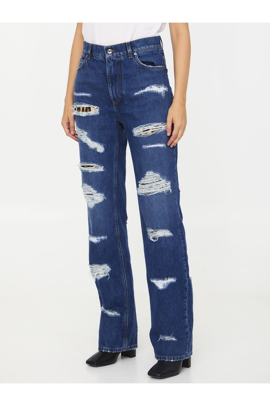 Dolce &amp; Gabbana Distressed jeans with Leo print on sale