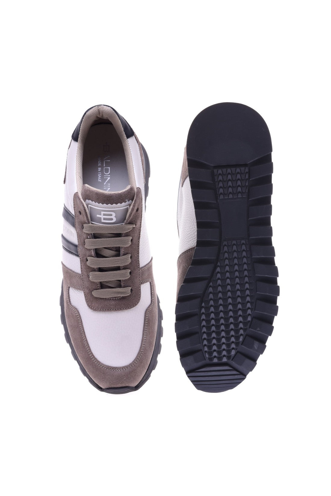 Baldinini Trainer in cream tumbled calfskin and taupe suede im Sale